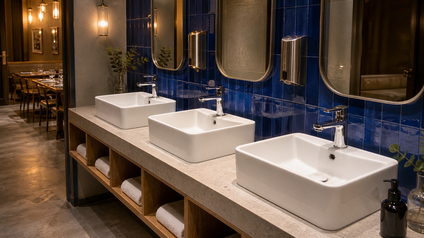 Three rectangular countertop basins with basin-mounted faucets in a restaurant washroom