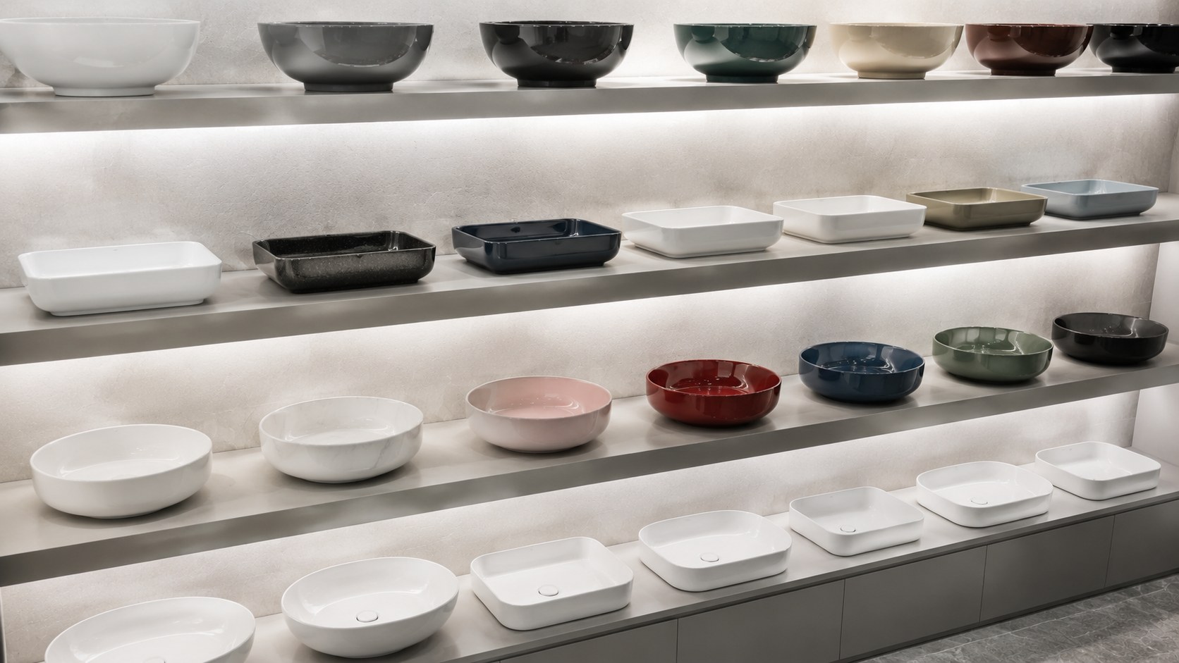 Range of ceramic countertop basin shapes including round, oval, rectangular and thin-rim art basins