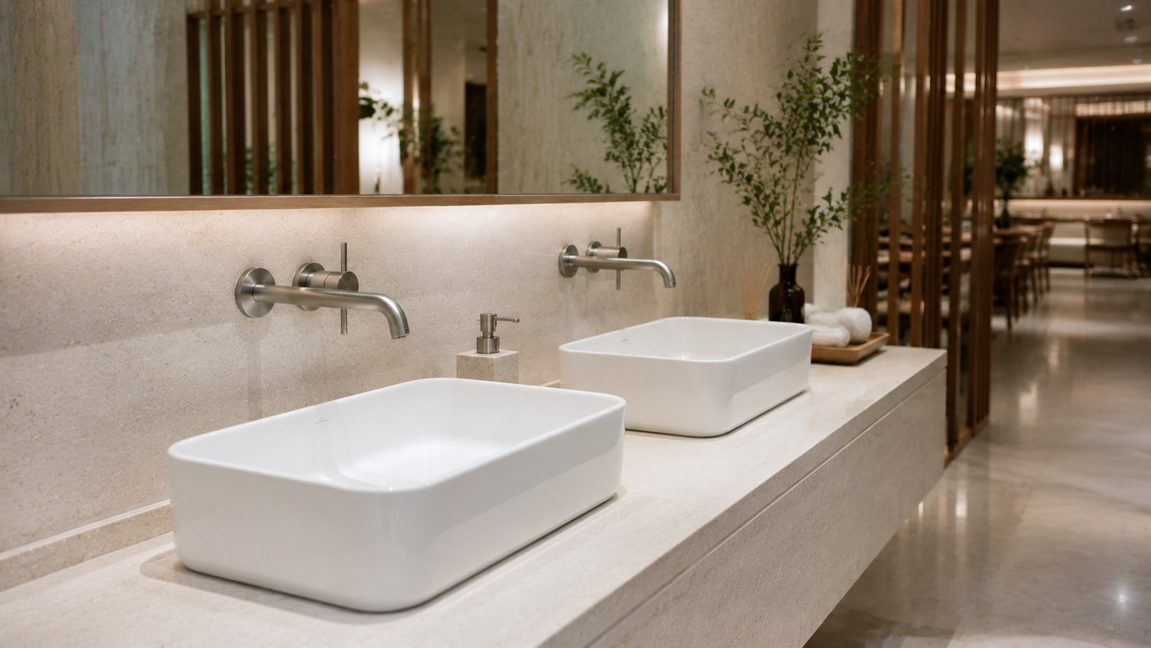 Row of ceramic countertop basins on a stone vanity in a hotel project bathroom