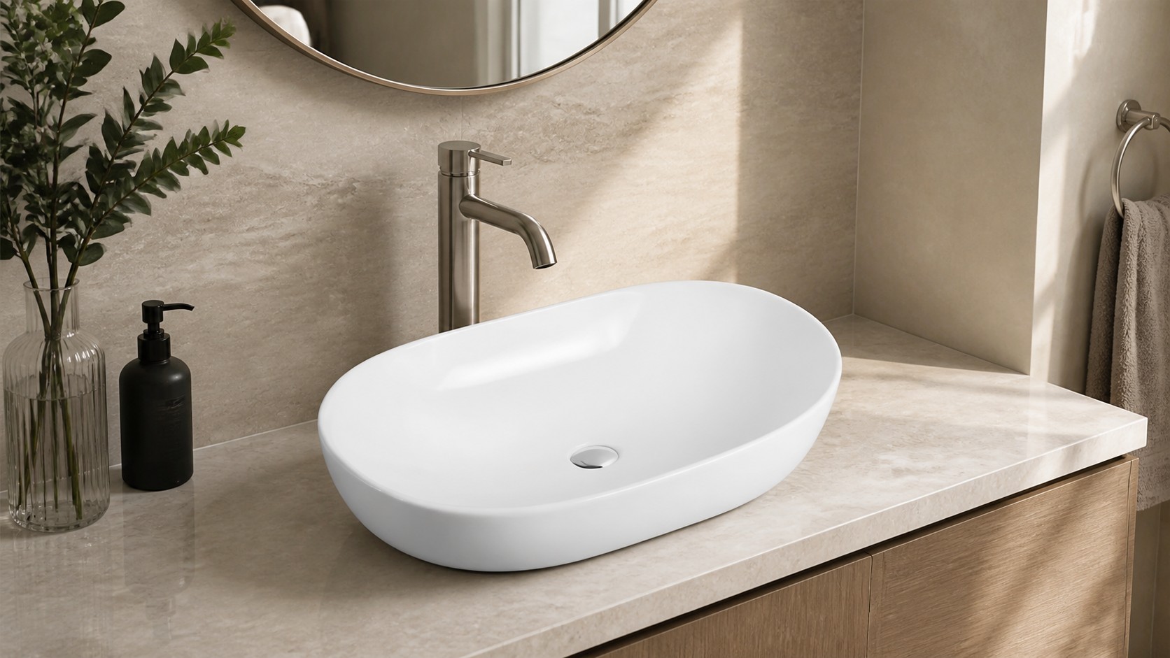Vessel sink faucet and wall protection reviewed as one bathroom splash-zone system