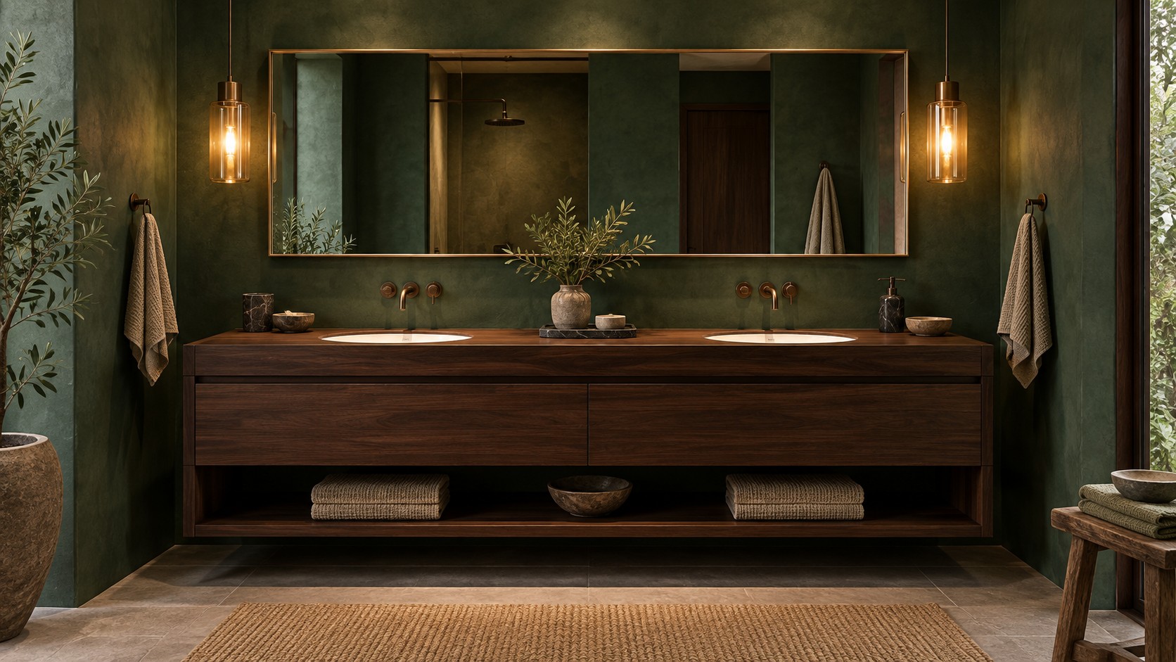 A dark-walnut double-bowl vanity with two basins, faucets and mirrors in a hotel-style bathroom