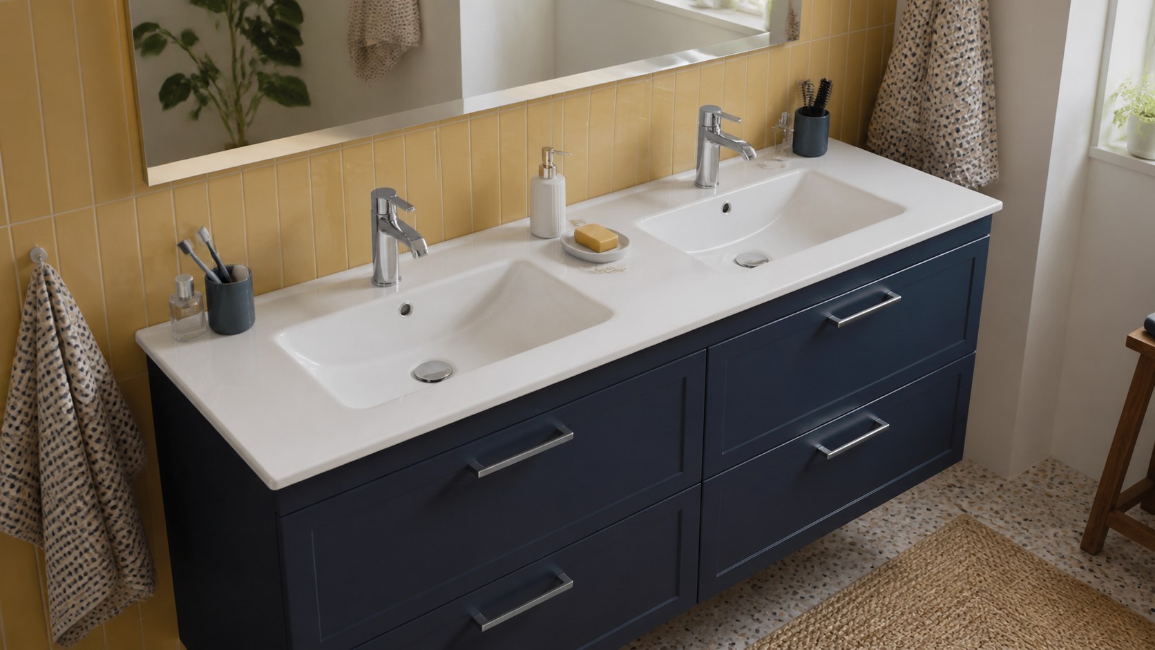 Double sink ceramic vanity used by two people in a family apartment bathroom