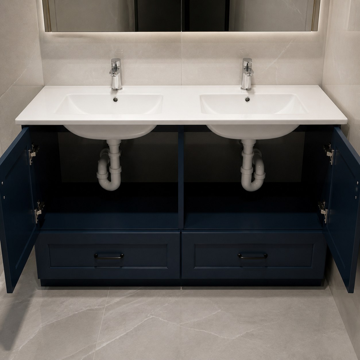 Double sink vanity cabinet with two drains and two separated service zones