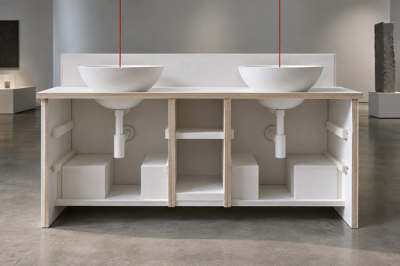 A full-size physical vanity mock-up showing two bowls, cabinet partitions and plumbing zones