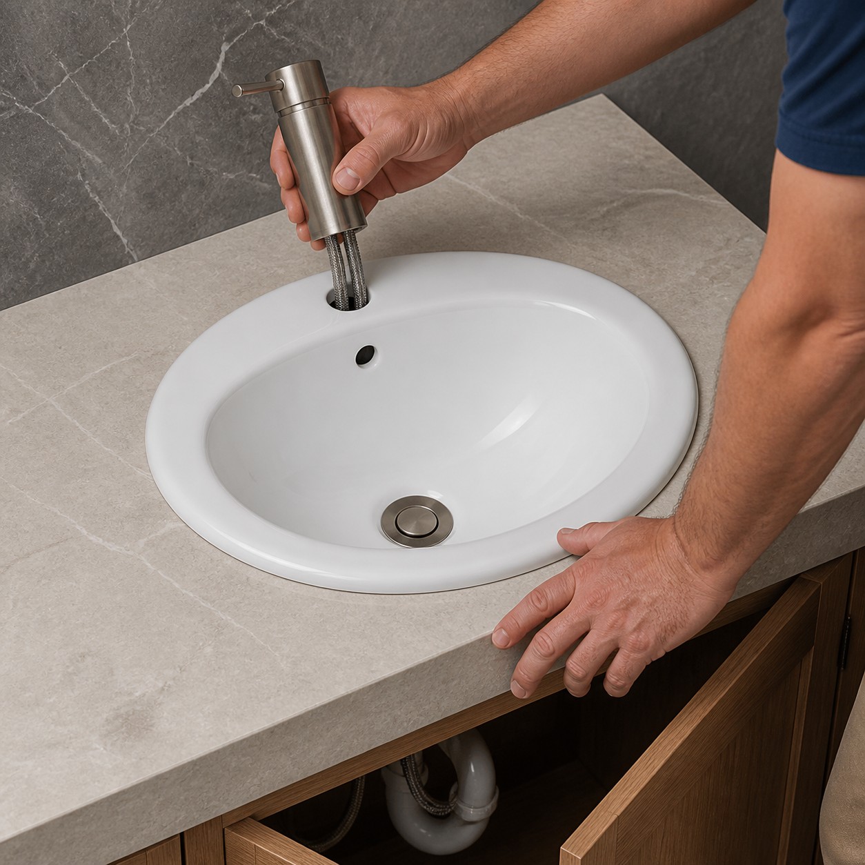 Drop-in bathroom basin cutout and installation checked on a real countertop