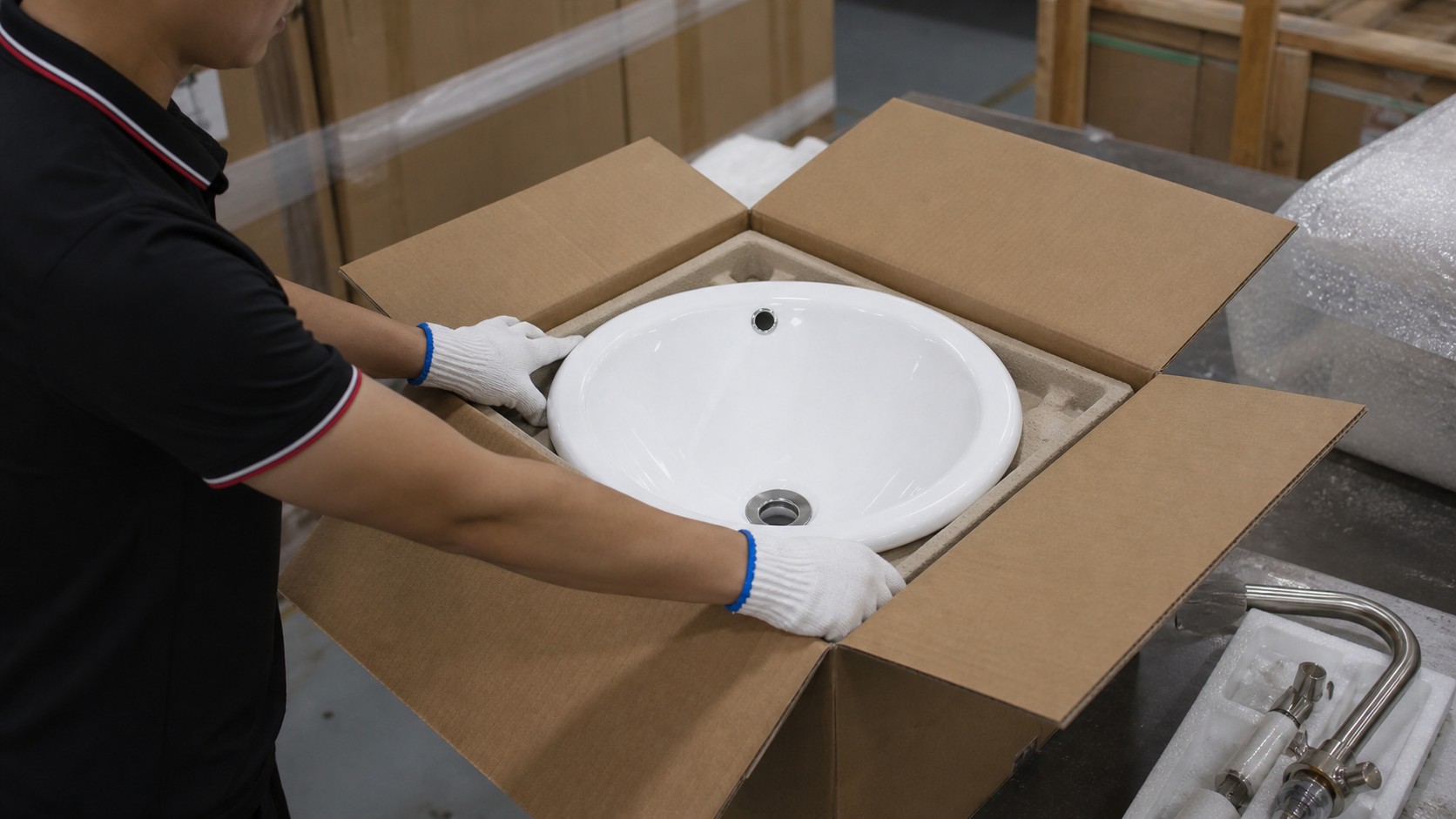 Drop-in ceramic basins checked for rim flatness faucet holes glaze and export packing