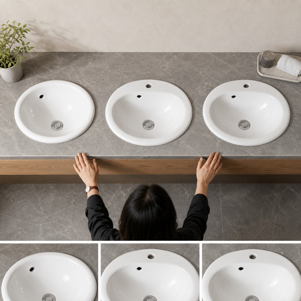 Drop-in basin sizes compared with faucet-hole and no-faucet-hole options