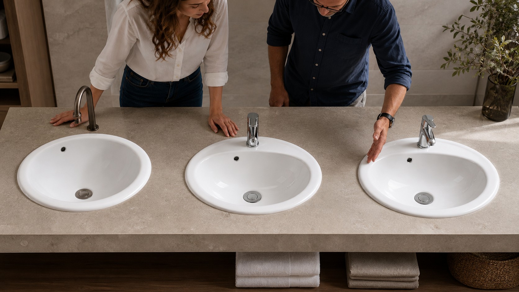 Drop-in ceramic bathroom basins with visible rims installed in different countertops
