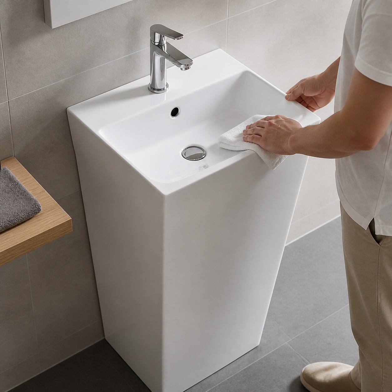 Lint-free cloth drying a clean glazed ceramic pedestal basin