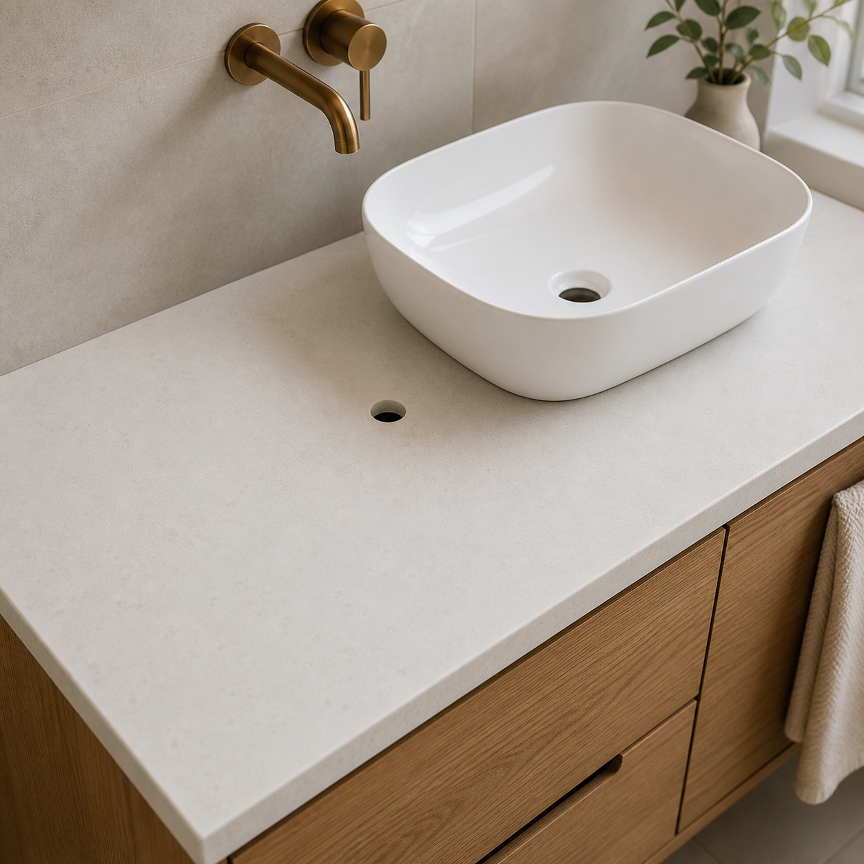 Countertop vessel basin prepared above a solid vanity top with one small circular drain opening