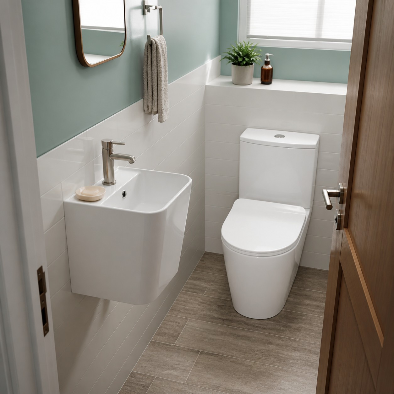 Family guest bathroom with compact toilet wall-hung basin and open cleaning space