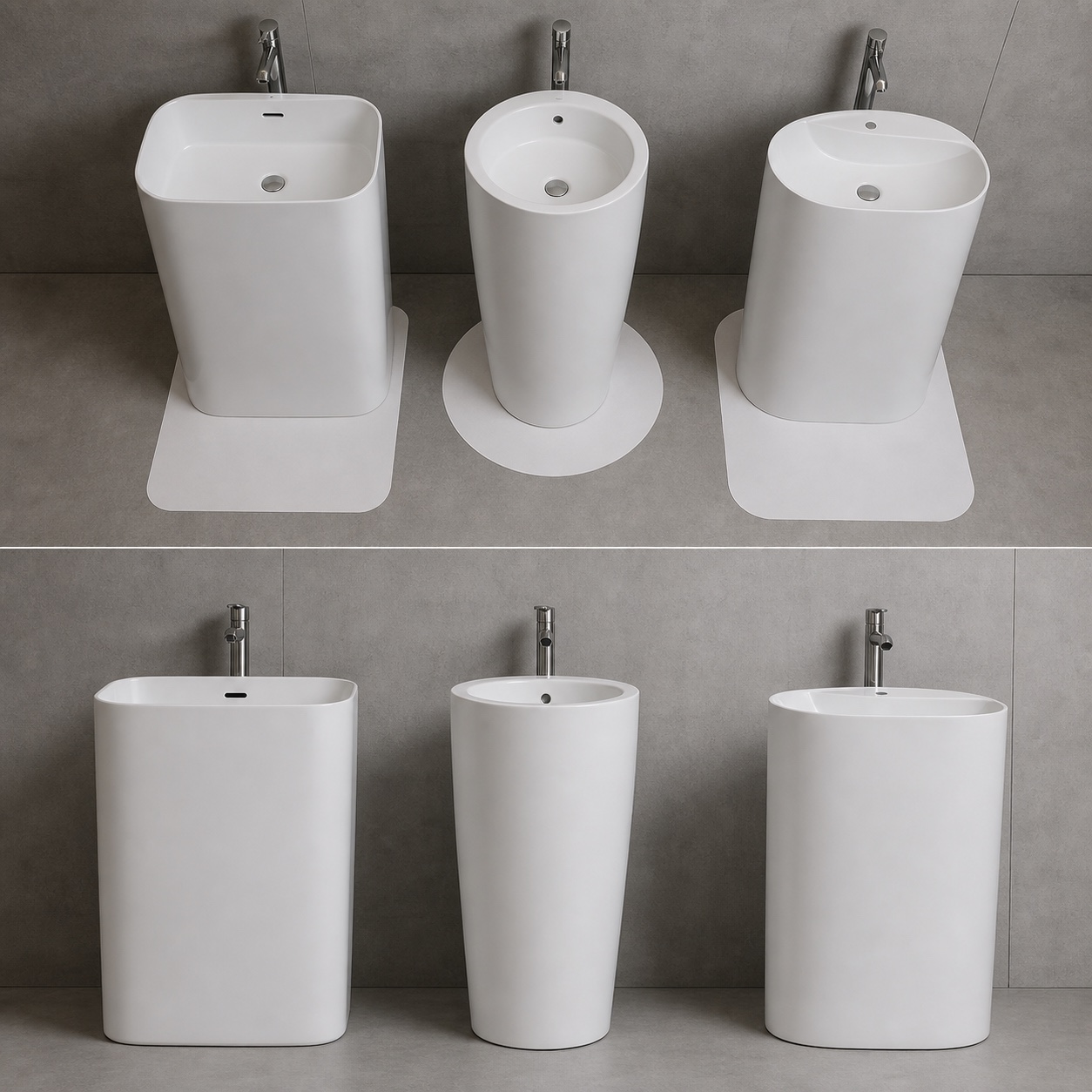 Freestanding ceramic pedestal basins in compact round and wide formats