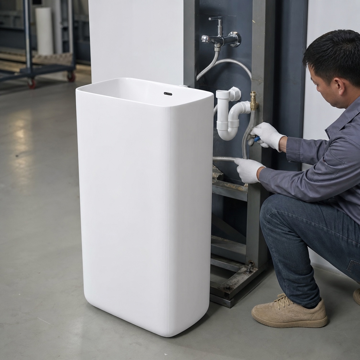 Freestanding pedestal basin plumbing rough-in checked on an installation jig