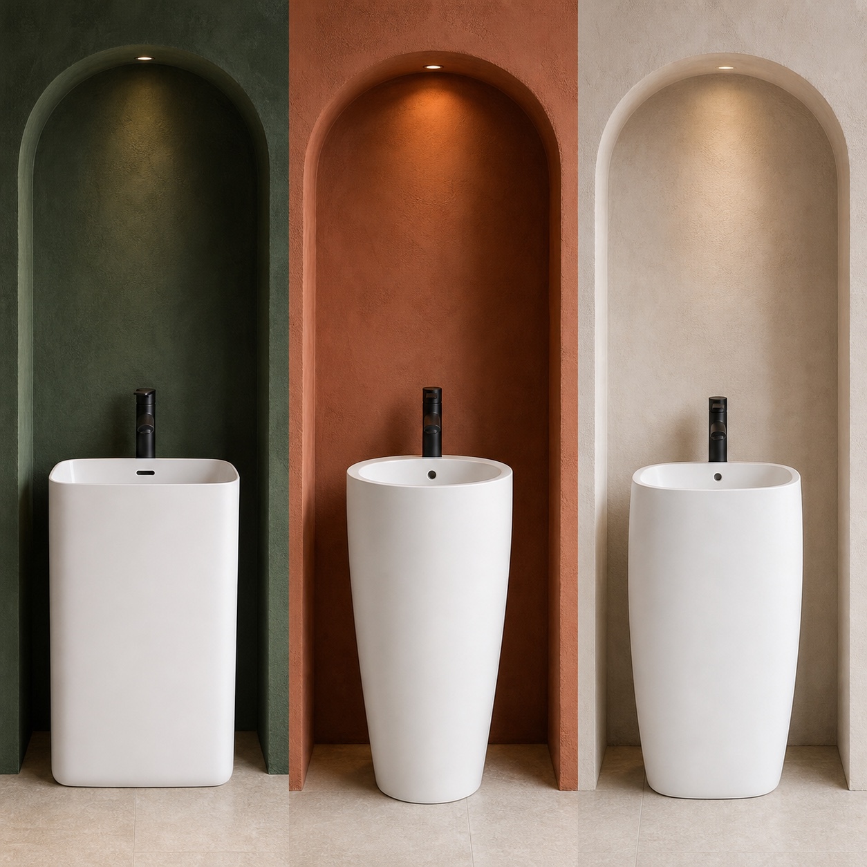 Three freestanding pedestal basin formats displayed in contrasting specification bays