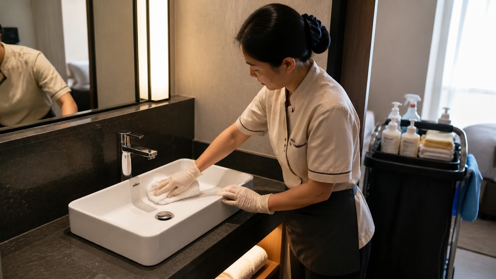 Hotel housekeeper using a soft cloth on a ceramic countertop basin