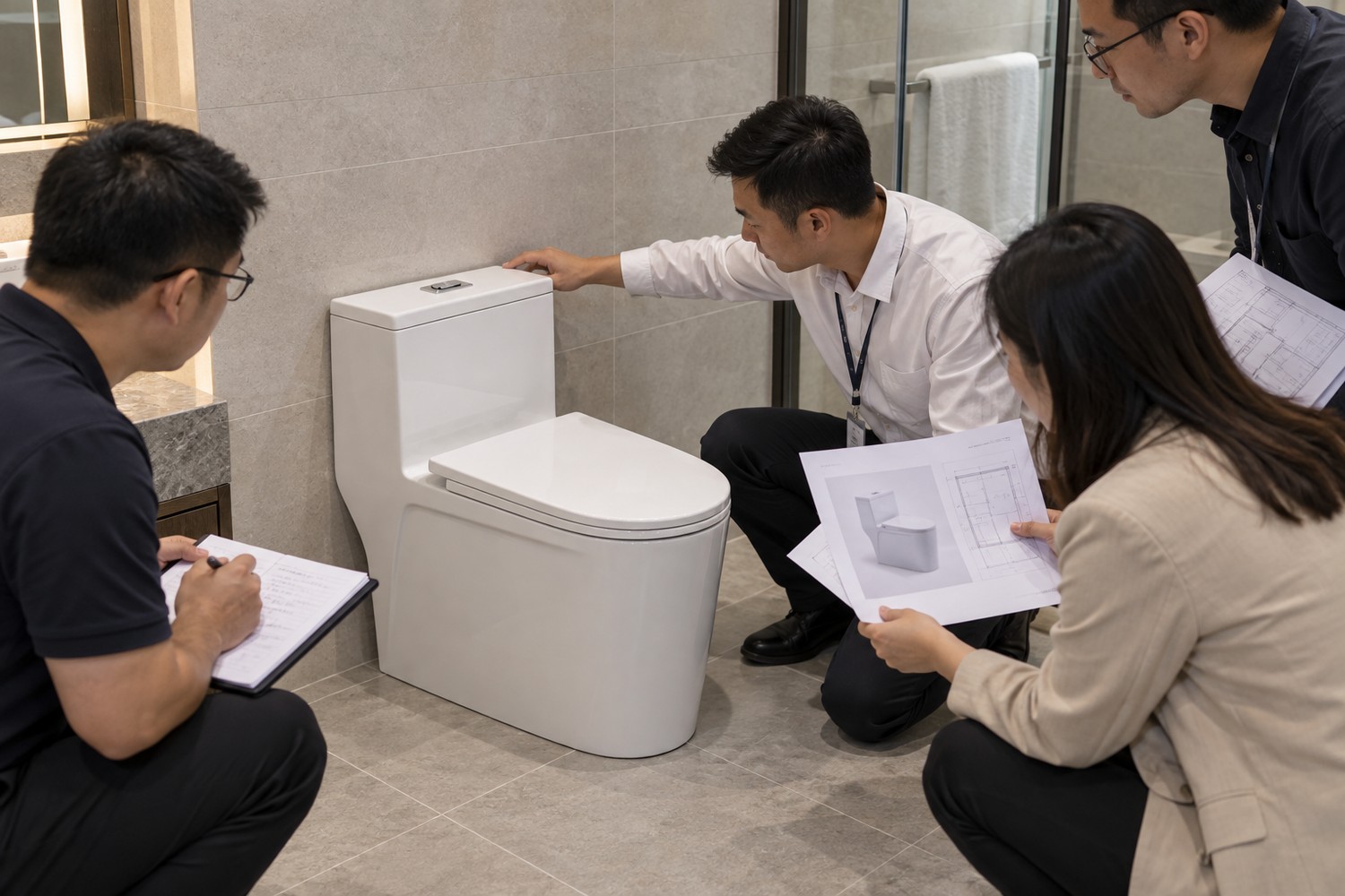 工廠或項目驗收區核對馬桶樣品與技術資料