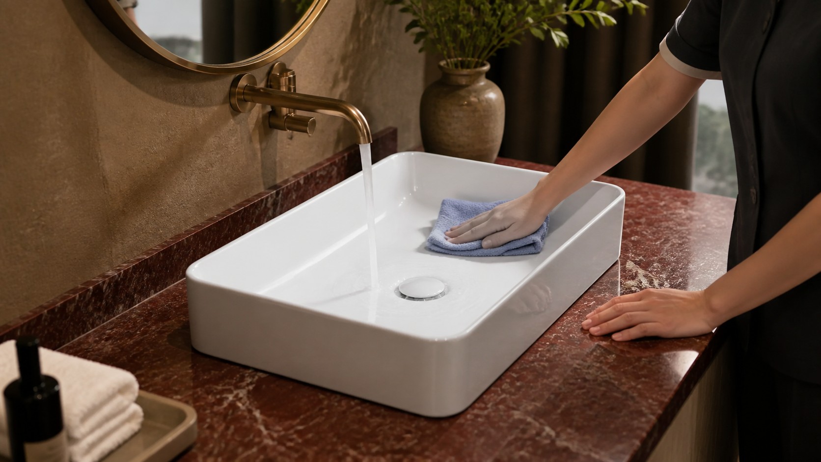 Housekeeper cleaning a glazed ceramic bathroom sink with a soft cloth