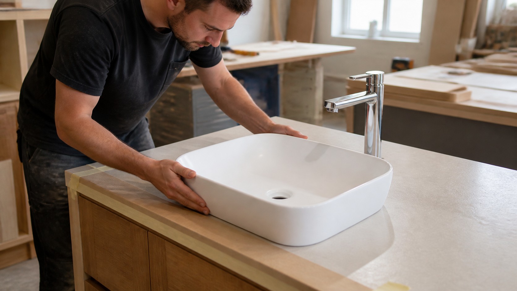 Installer dry-fitting a ceramic vessel sink on a vanity countertop