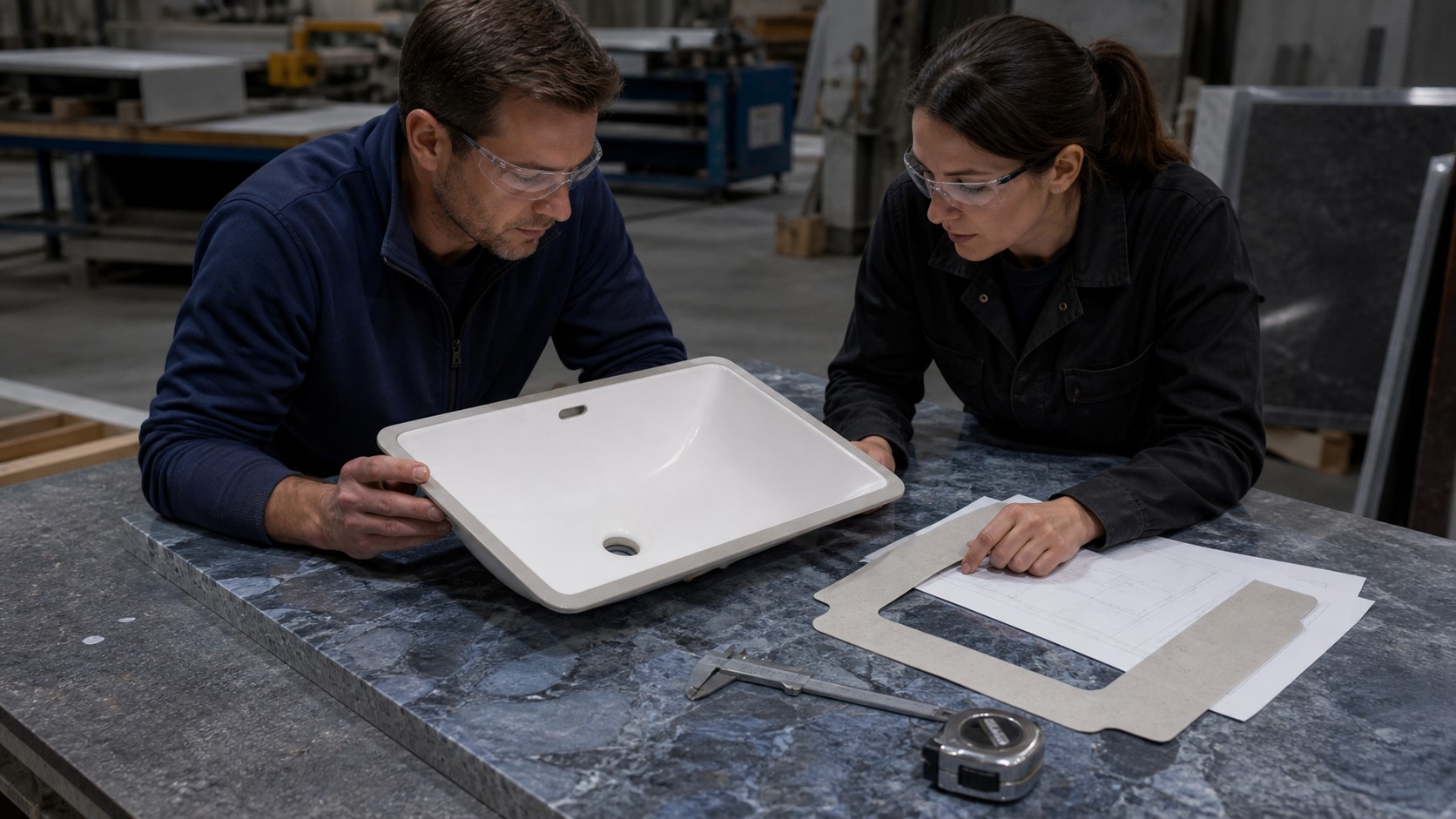 Bathroom buyer reviewing a ceramic sink sample with a specification drawing and caliper
