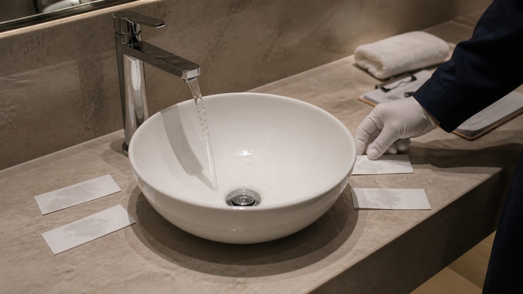 Technician testing faucet splash in a ceramic vessel sink