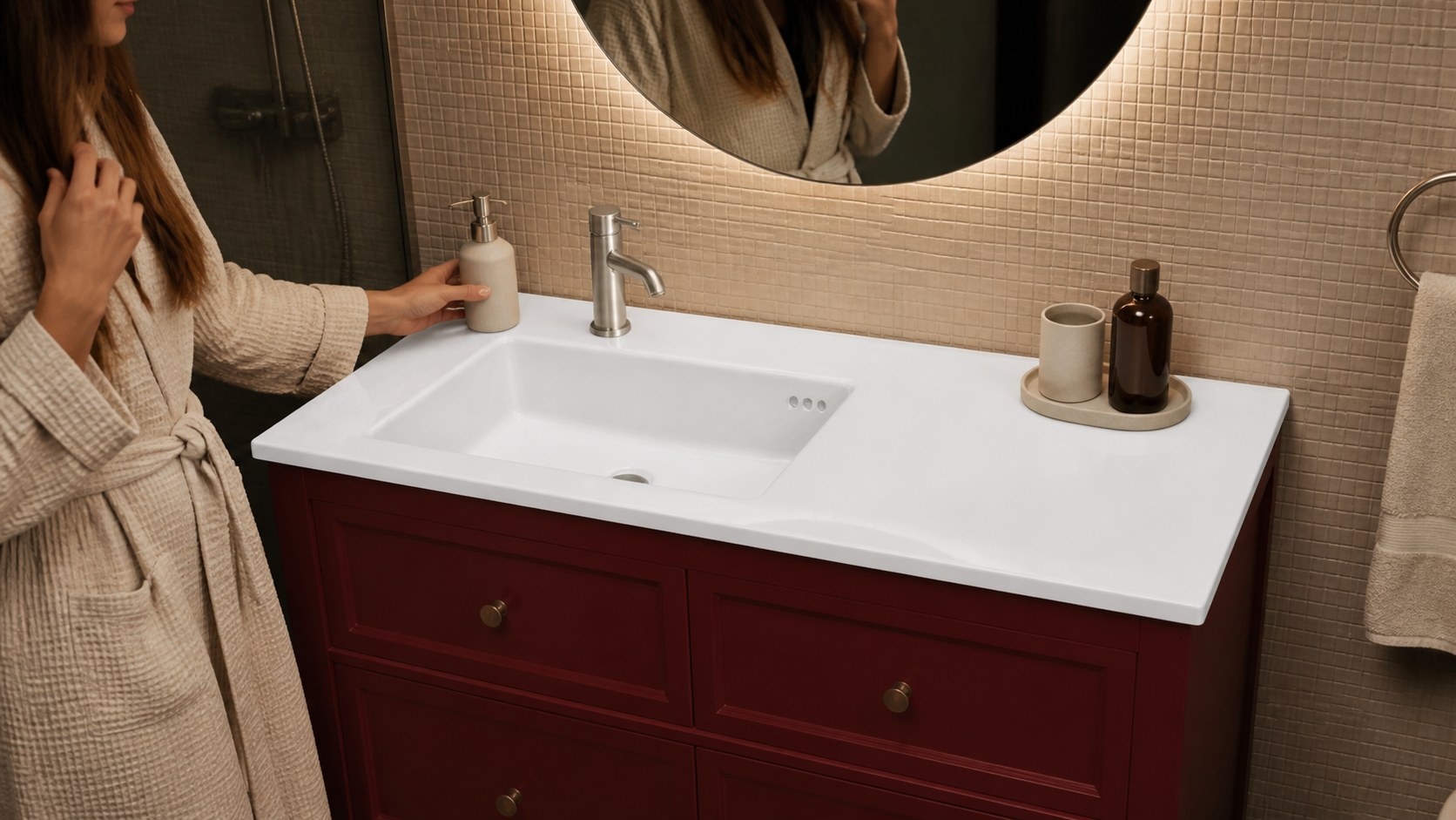Left and right offset ceramic vanity basins installed on bathroom cabinets