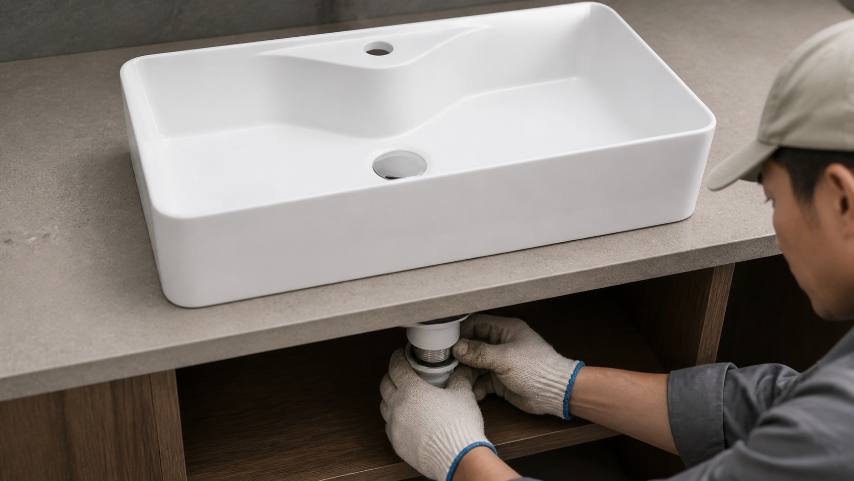 Installer checking thread and nut access below a long one-hole vessel sink