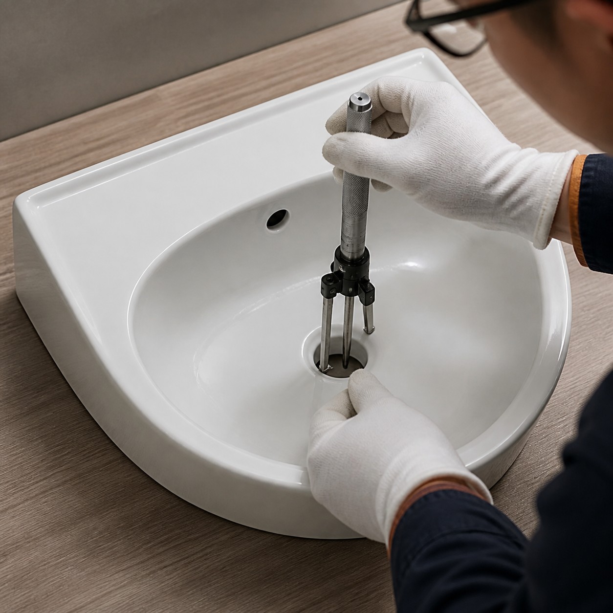 Technician measuring inside diameter of ceramic vessel sink drain opening
