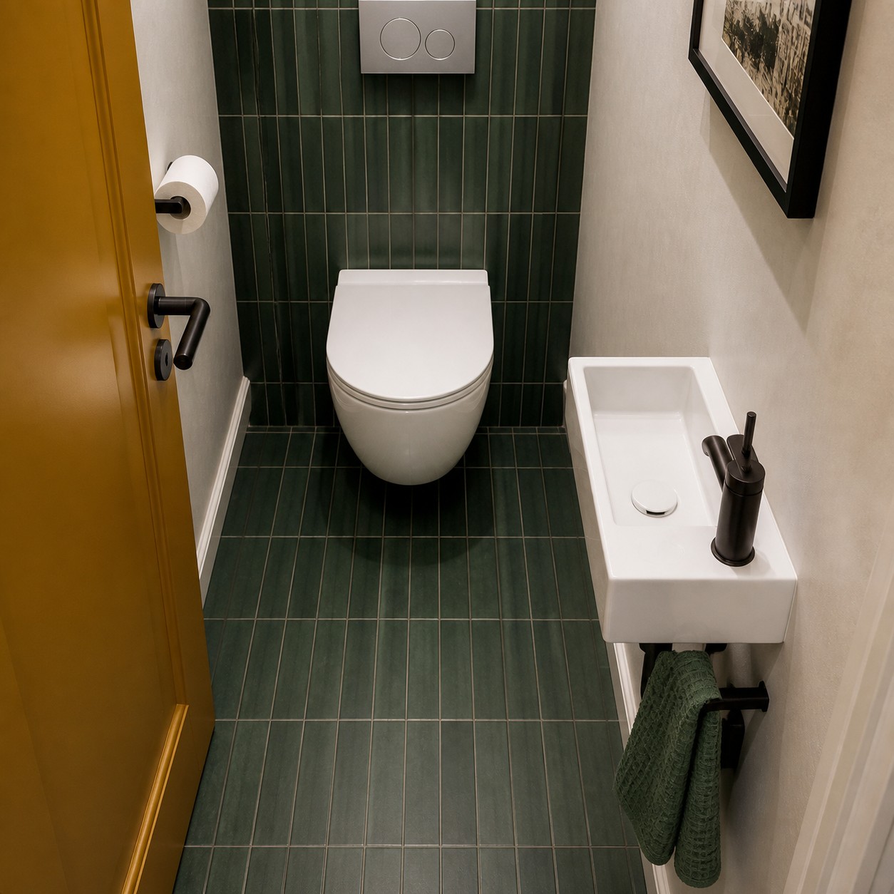 Very narrow guest WC with a compact toilet and shallow wall-hung hand basin