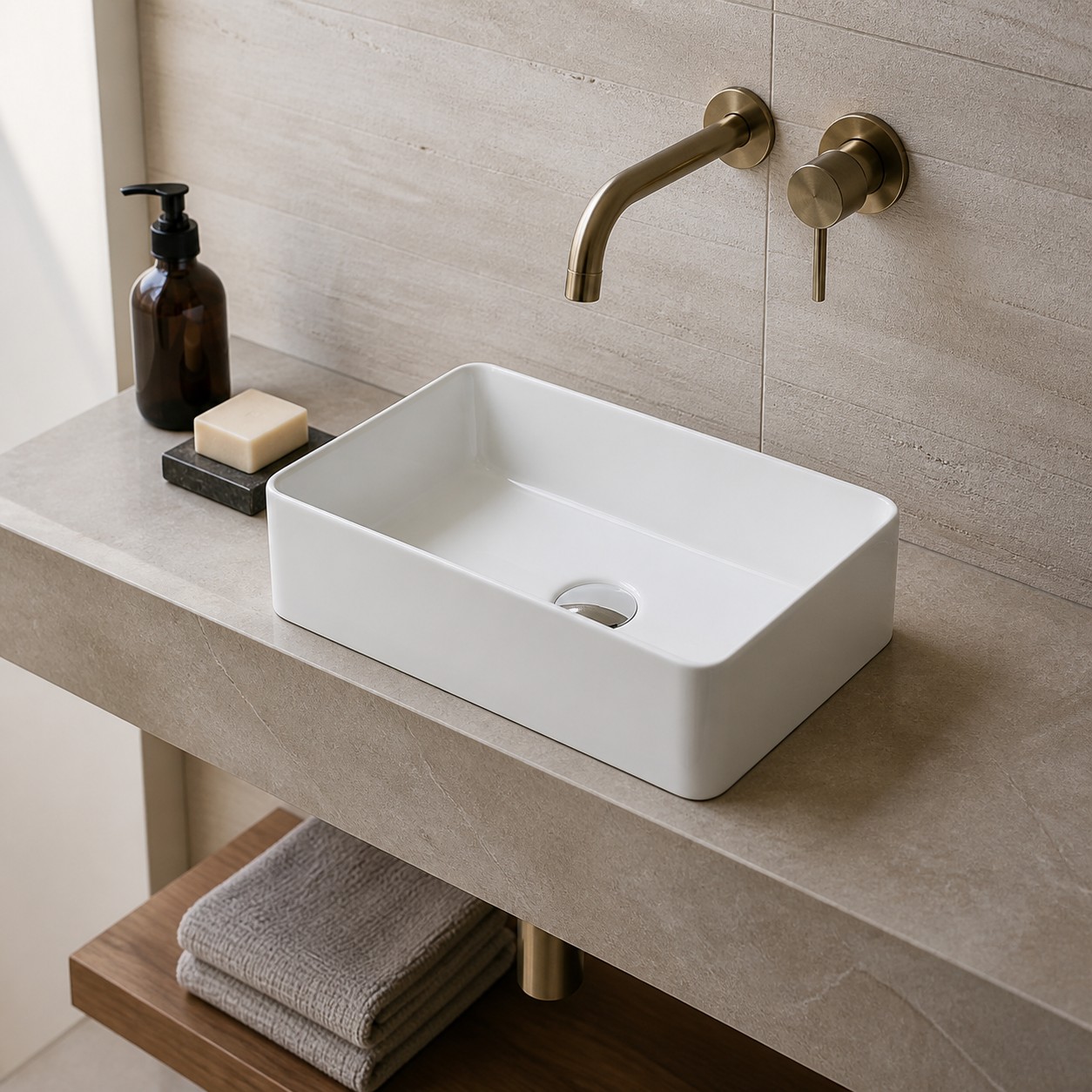 Narrow rectangular vessel sink tested on a shallow vanity with wall faucet