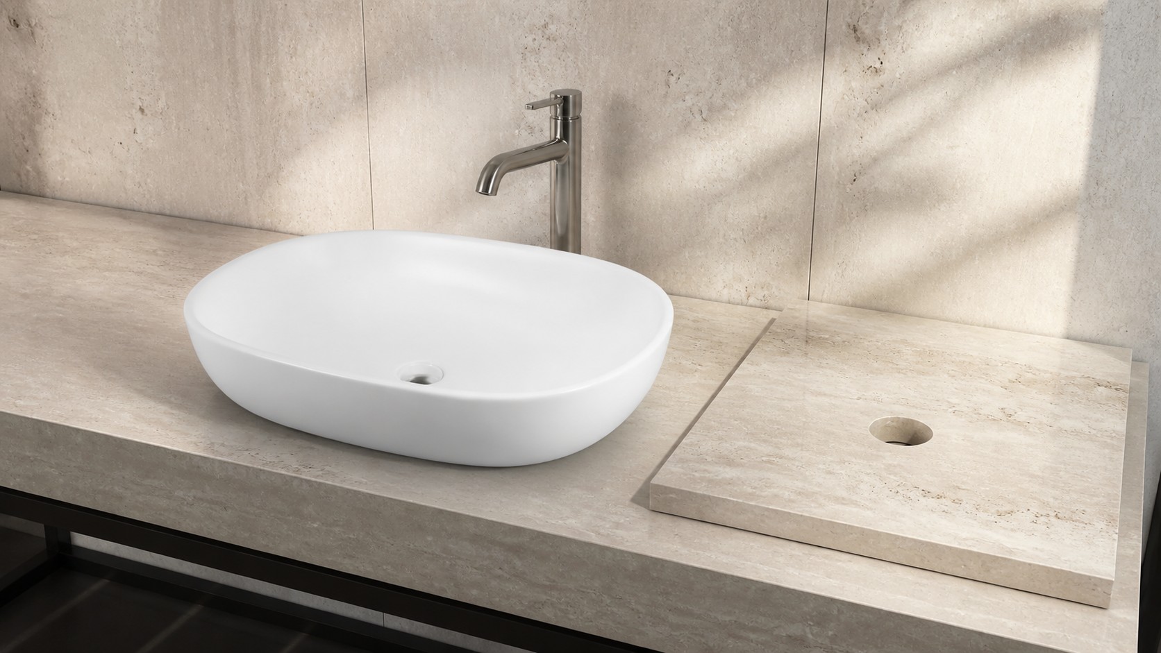 Natural stone vanity top offcut inspected at the vessel sink hole and sealed edge