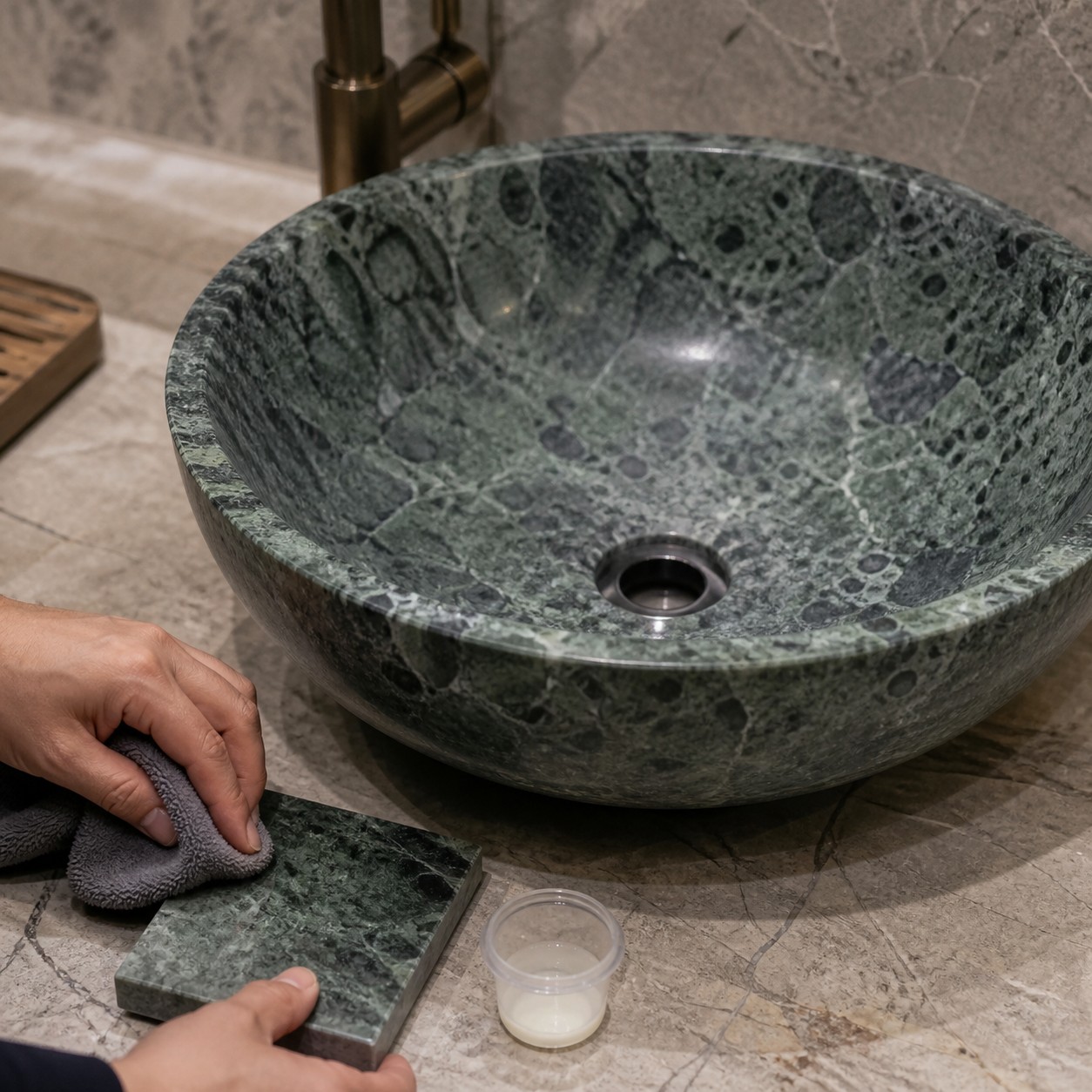 Green natural-stone vessel sink and matching sample wiped during a care review