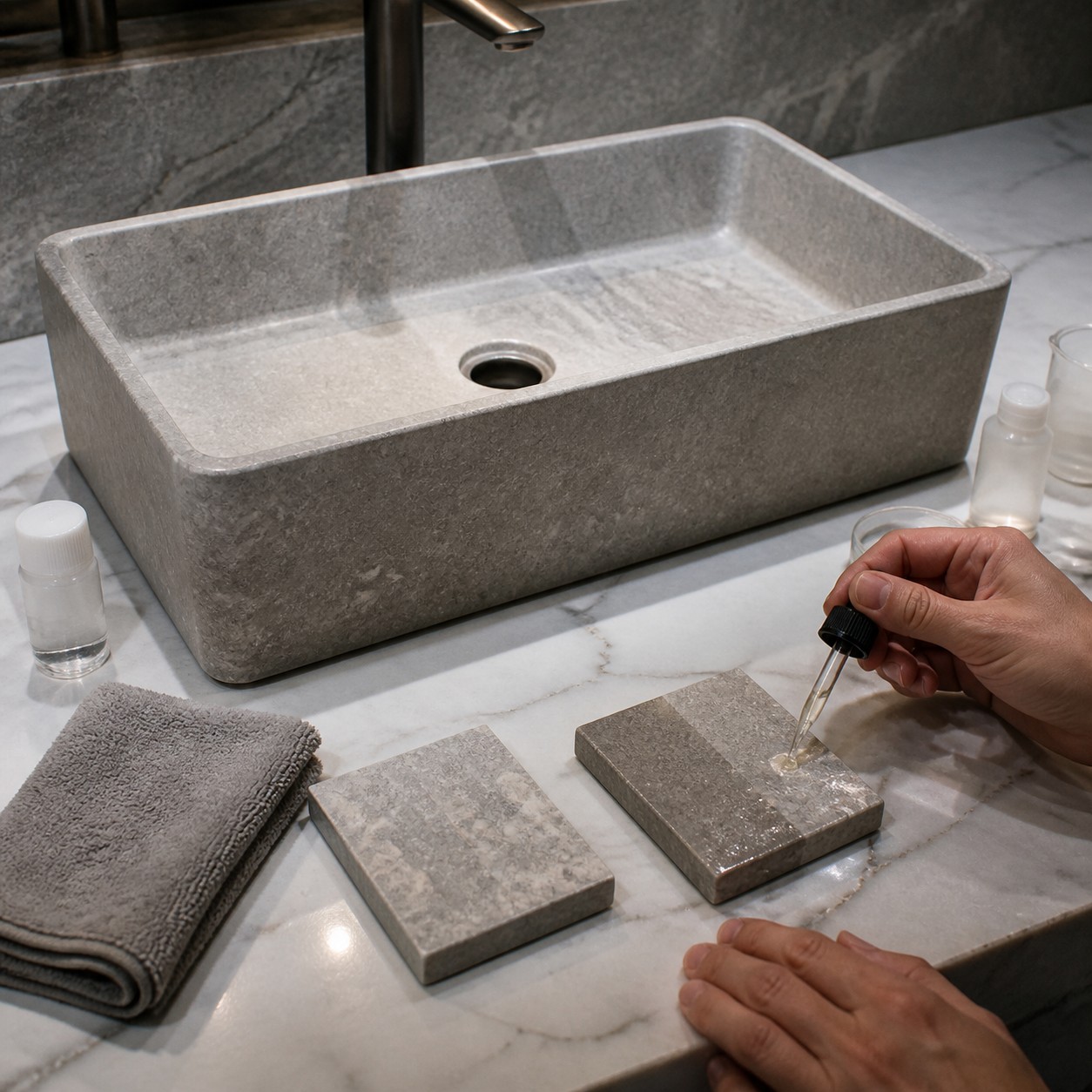 Natural stone vessel sink and sample offcut checked for sealing and cleaner compatibility
