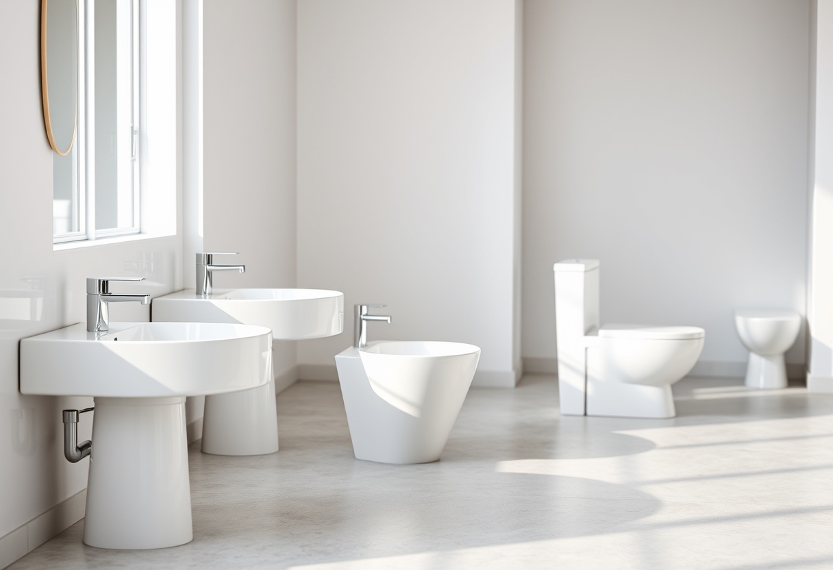 Row of white ceramic wash basins and toilets staged on a clean light-grey surface in a sanitary ware factory showroom