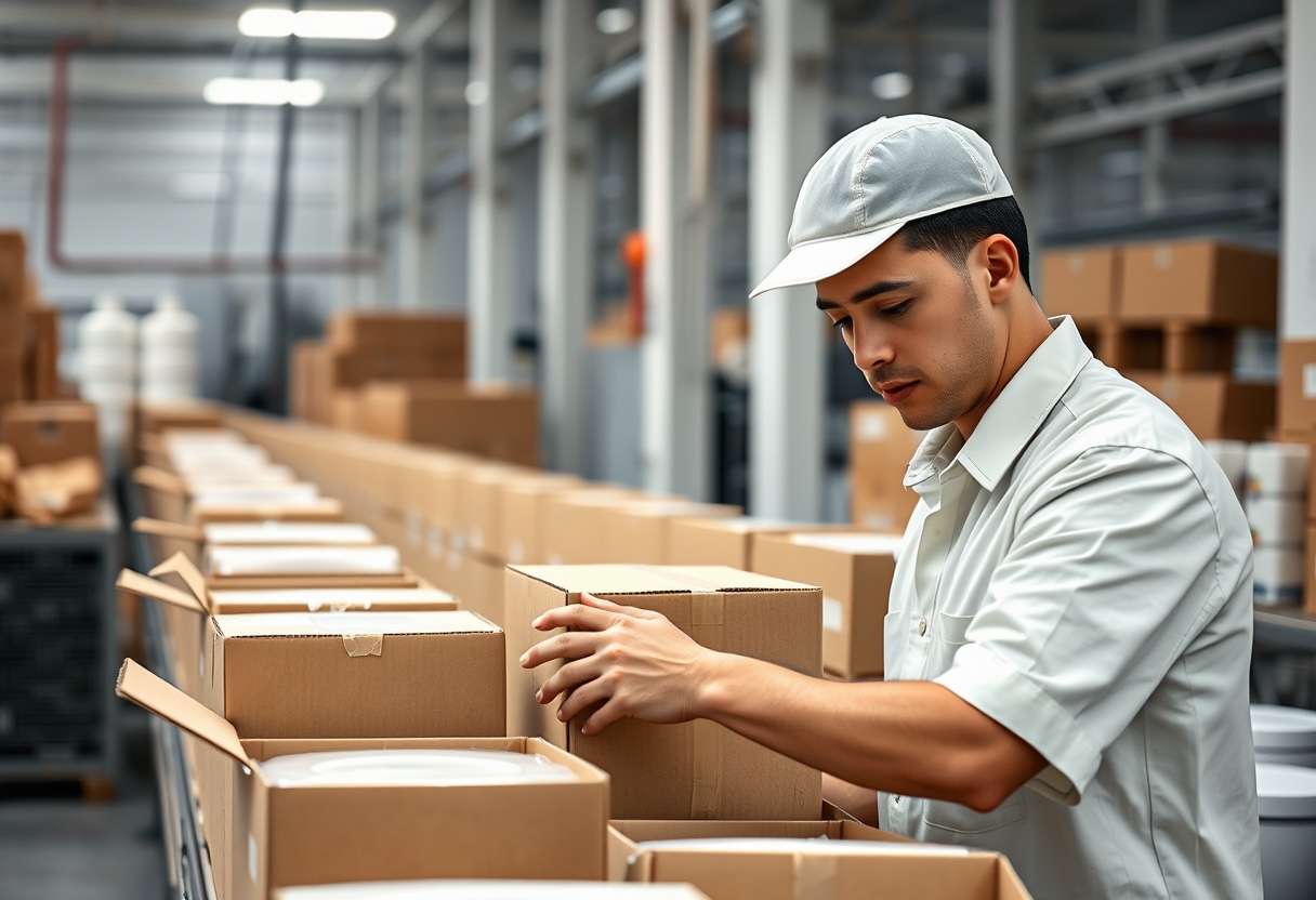 Worker inspecting and packing white ceramic toilets with foam protection into export cartons on a factory line