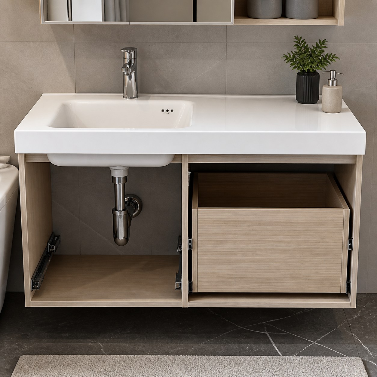 Offset vanity basin cabinet showing drain trap and drawer clearance below the bowl
