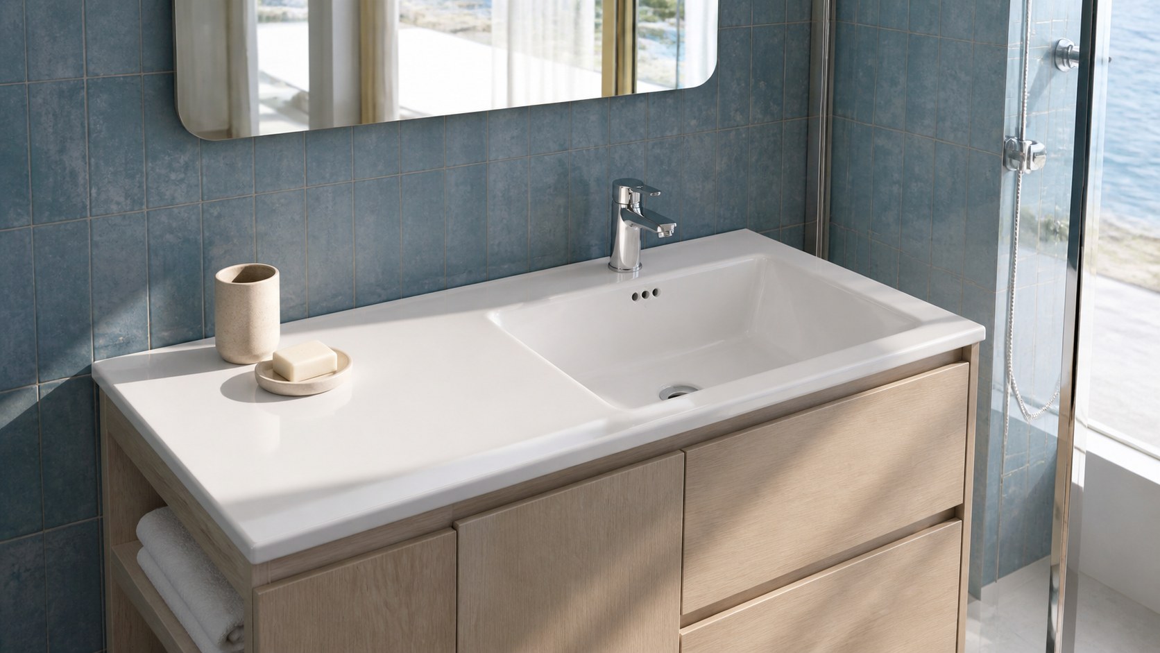 Right-offset ceramic vanity basin in a coastal apartment bathroom