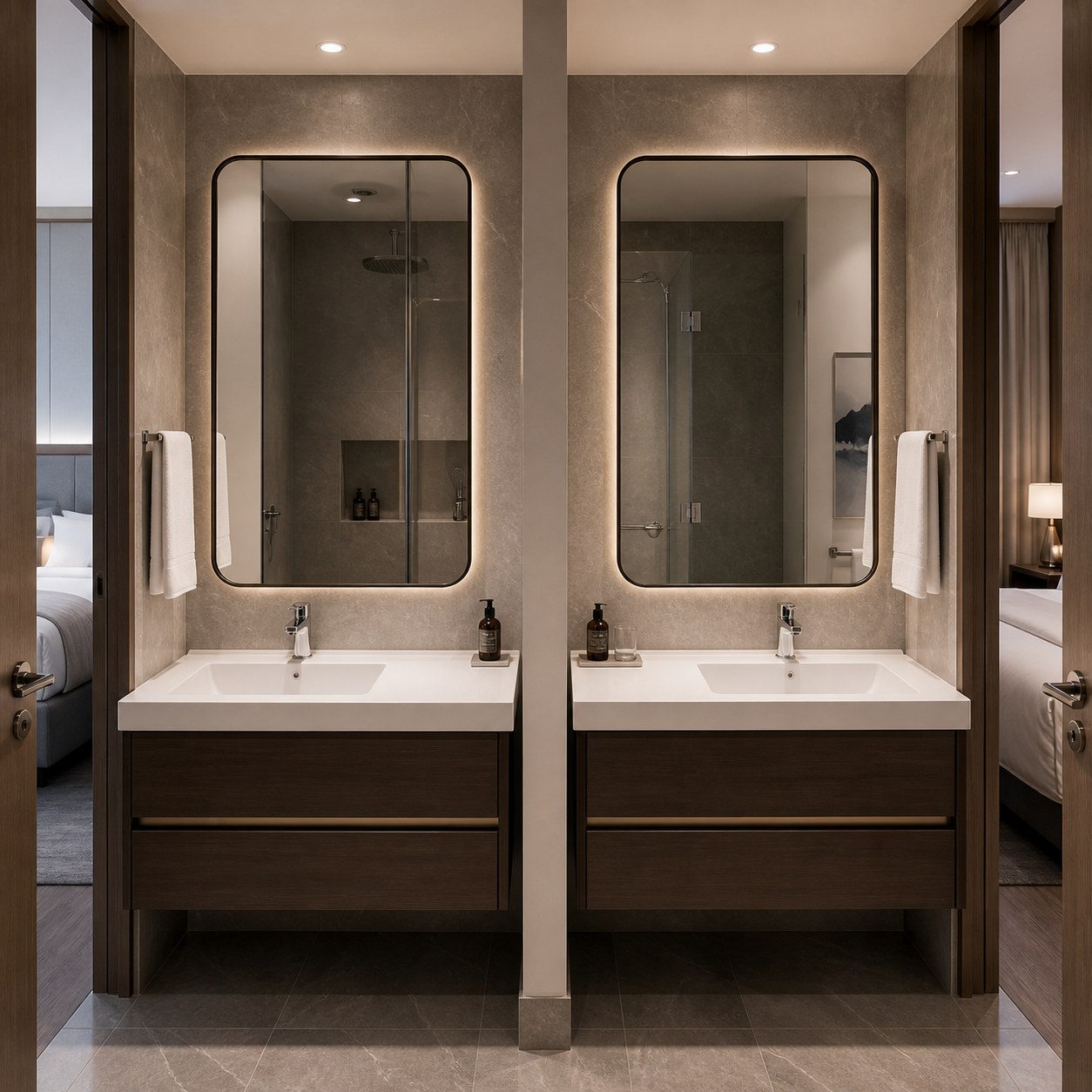 Left and right offset vanity basin orientations coordinated with bathroom walls doors and shower screens