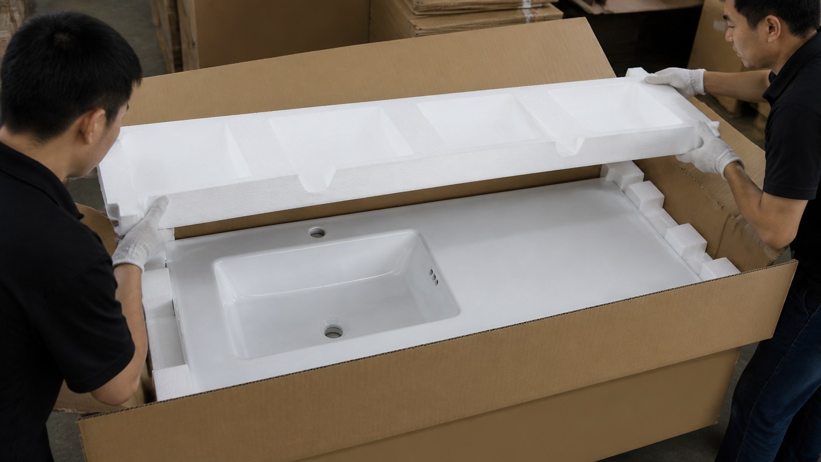 Left and right offset ceramic vanity basins checked for dimensions orientation glaze and export packing