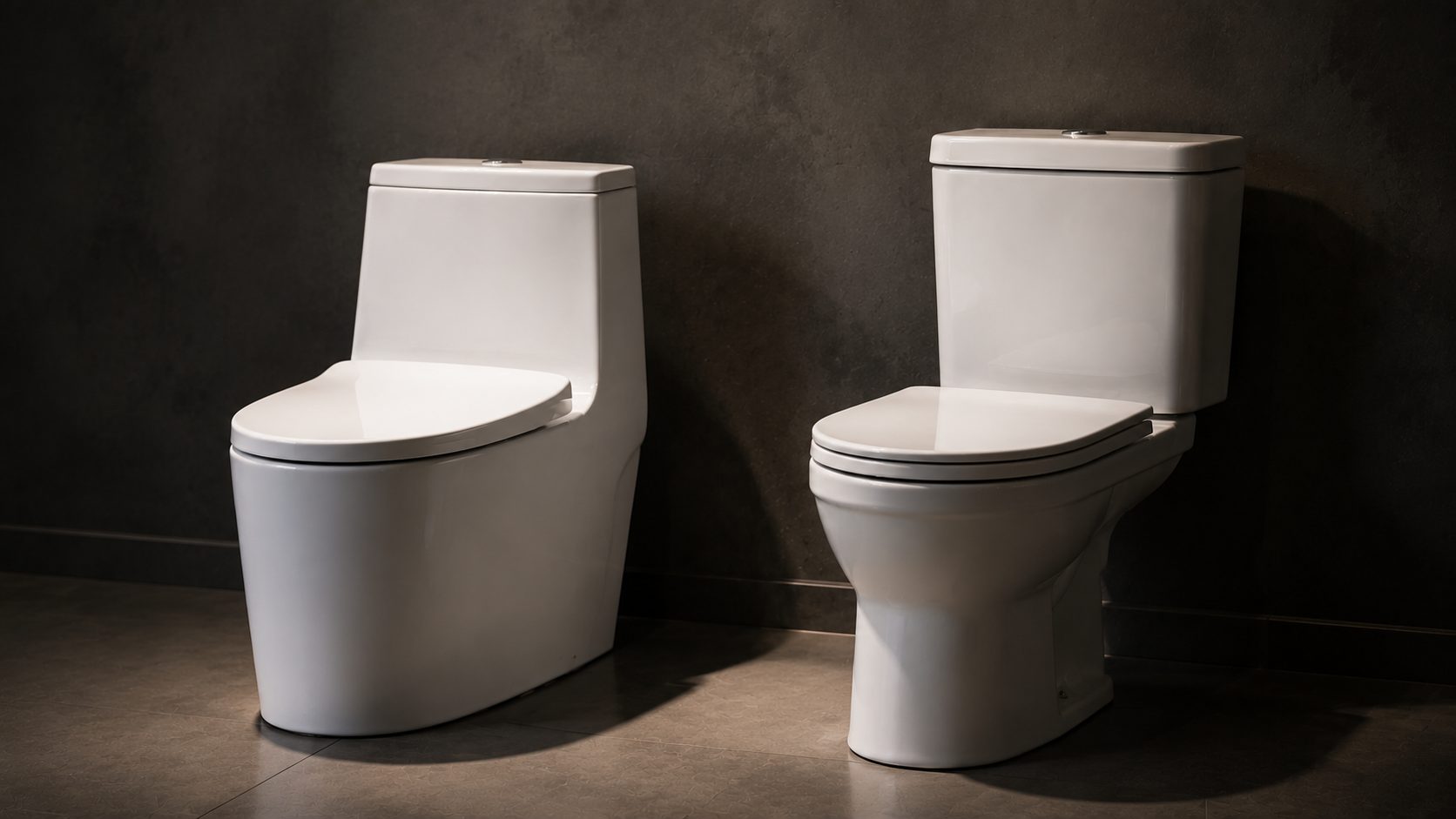 連體馬桶（無縫一體瓷身）與分體馬桶（螺栓固定的獨立水箱）並排陳列於乾淨棚拍對比場景