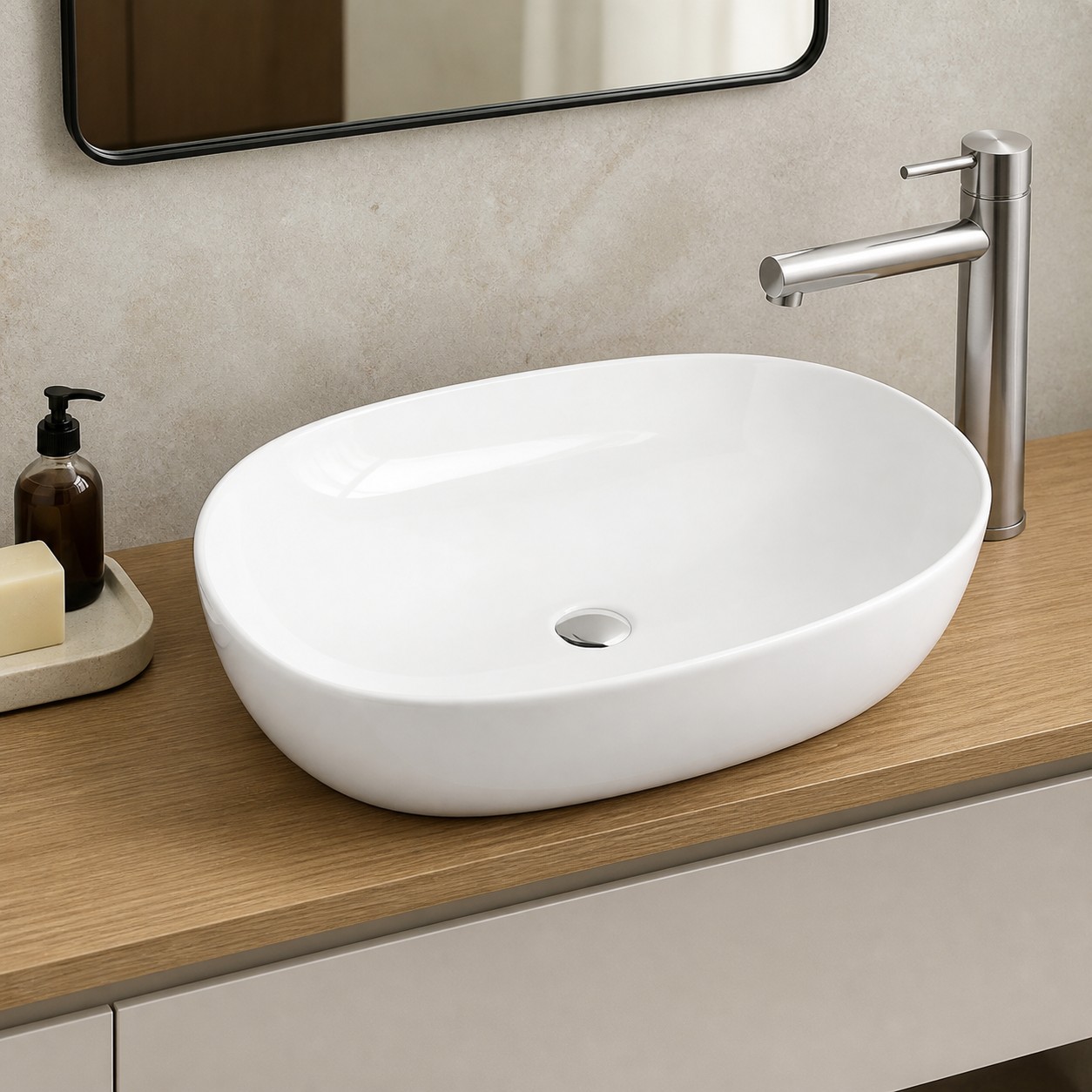 Oval no-hole vessel sink coordinated with a tall counter-mounted faucet
