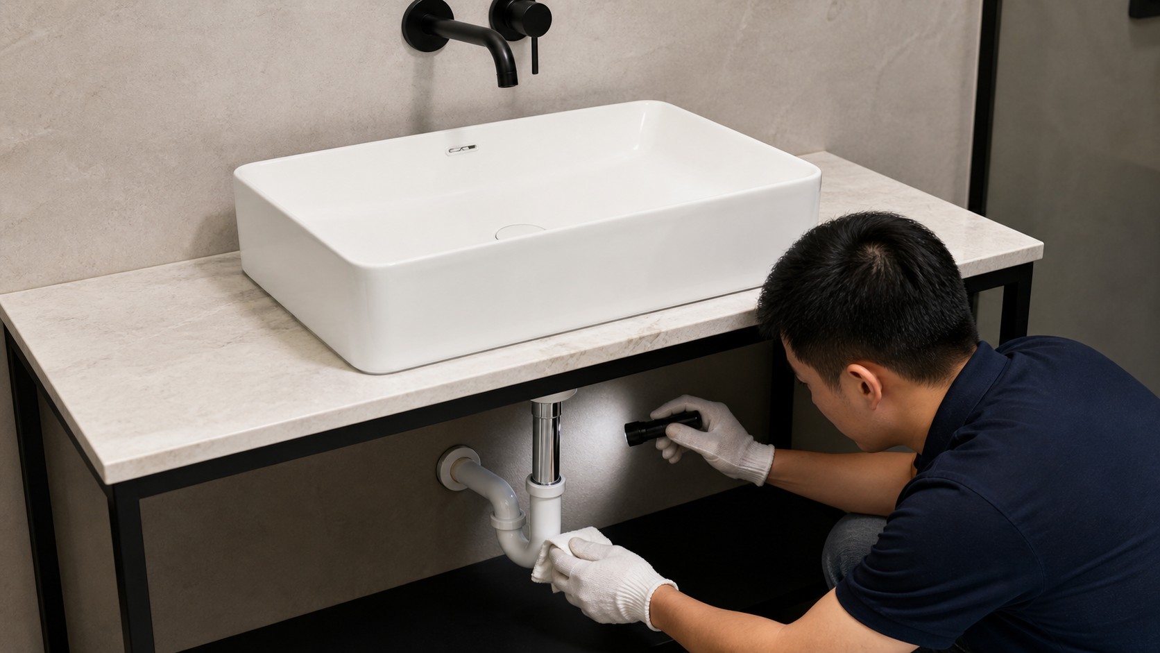 Overflow vessel sink with one tailpiece and P-trap under leak inspection