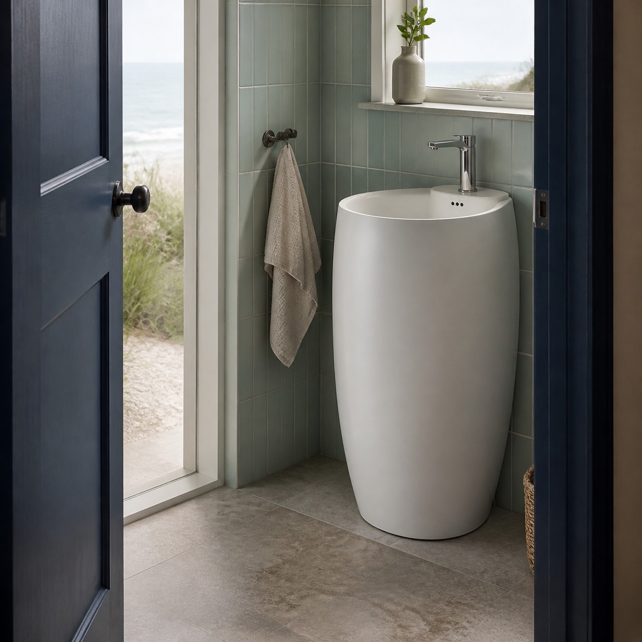 Pedestal sinks fitted into compact bathrooms with realistic door and circulation clearance