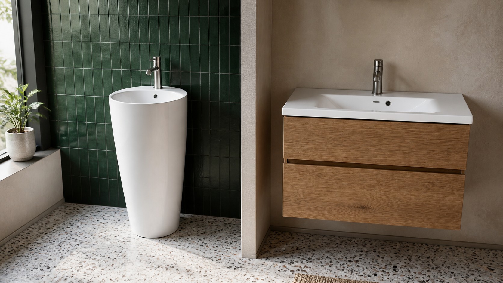 Pedestal sink and bathroom vanity compared in realistic project sample bays