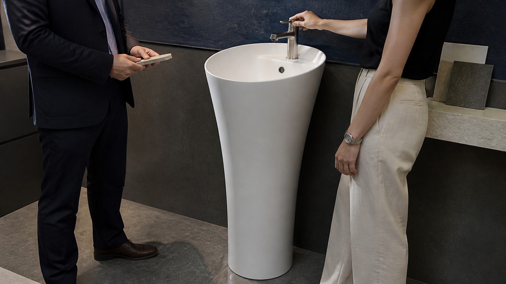 Designer and hotel buyer reviewing an installed ceramic pedestal basin sample