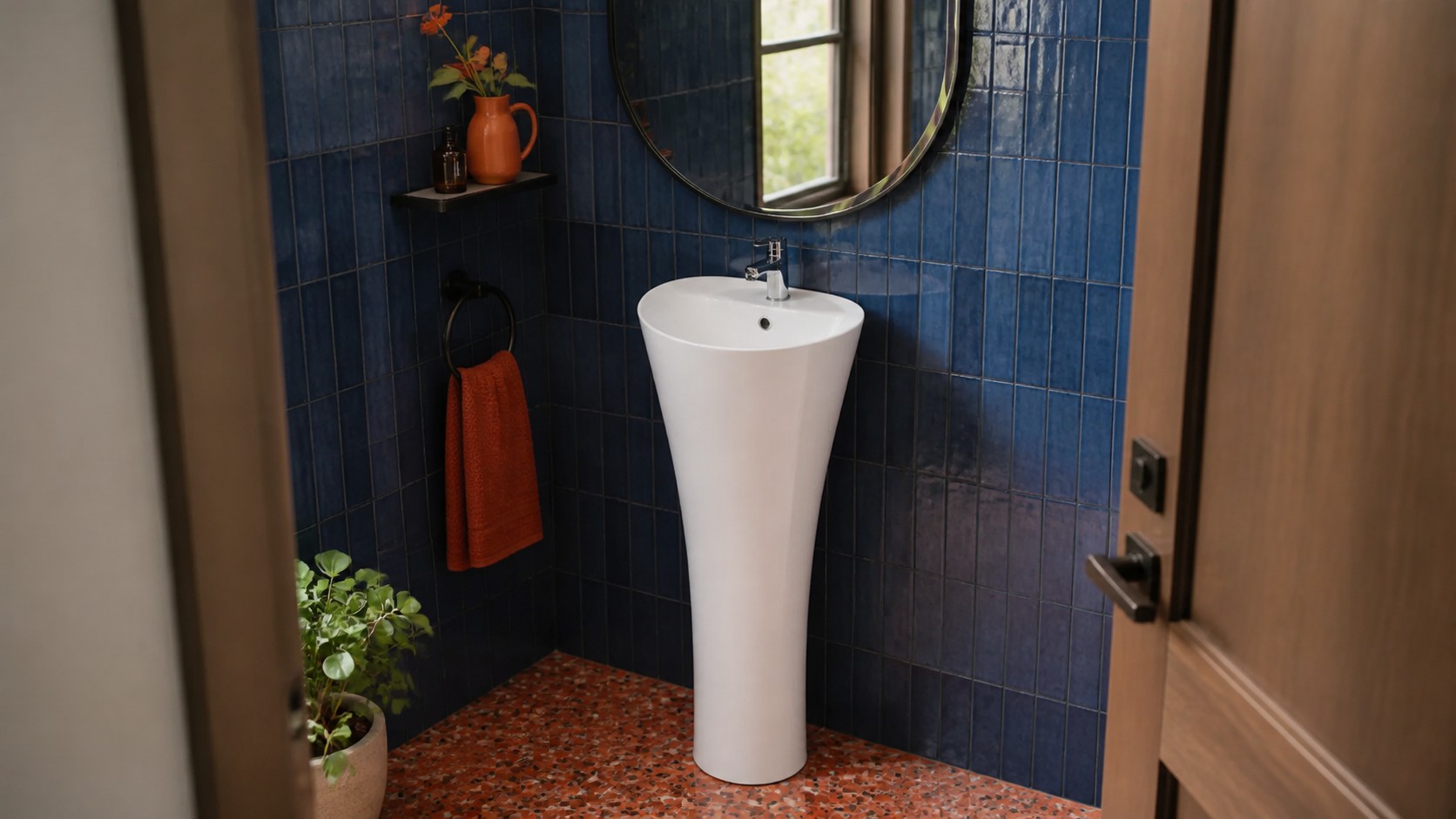 Sculptural ceramic pedestal basin installed as the focal point of a small powder room