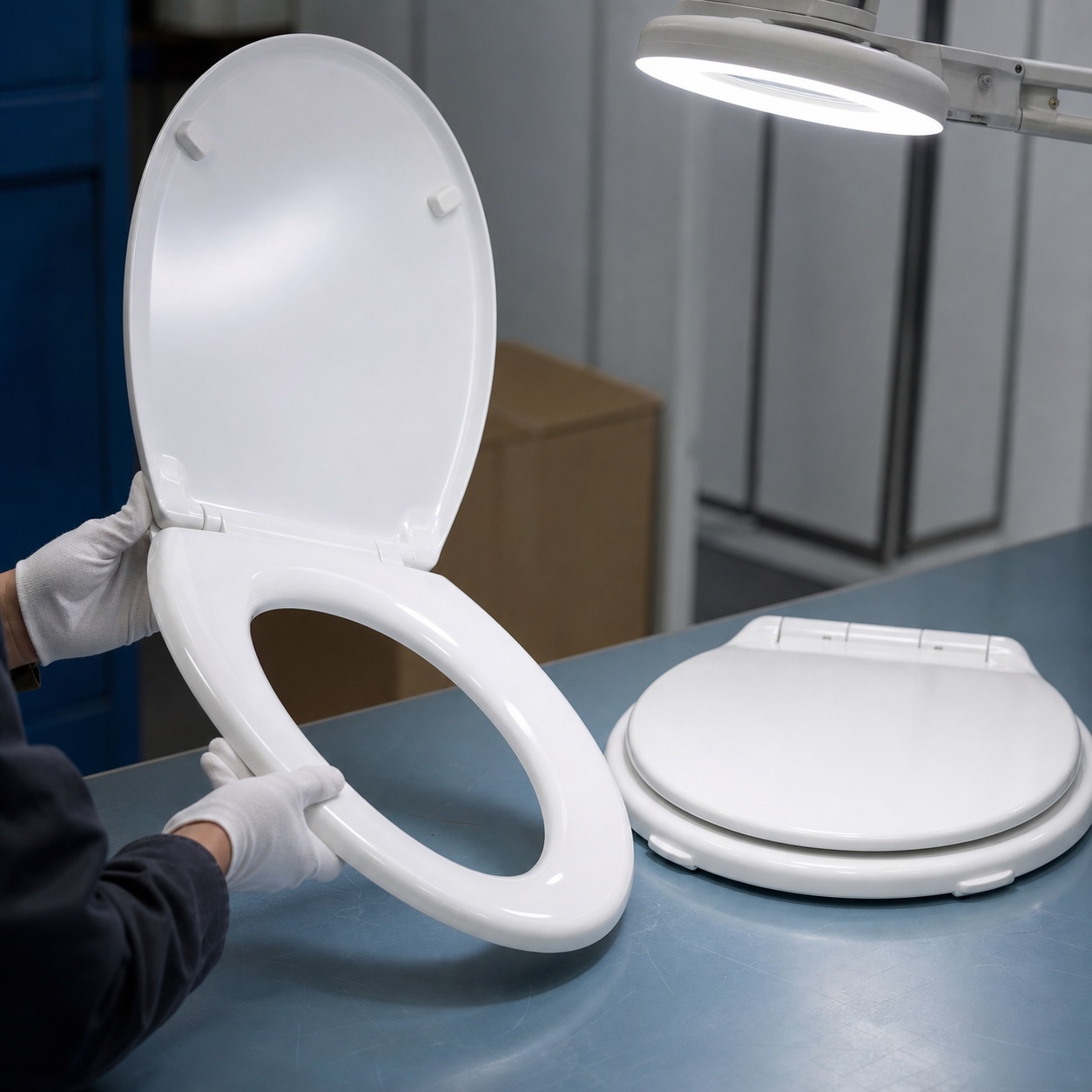 PP and UF toilet seat surfaces inspected under directional light