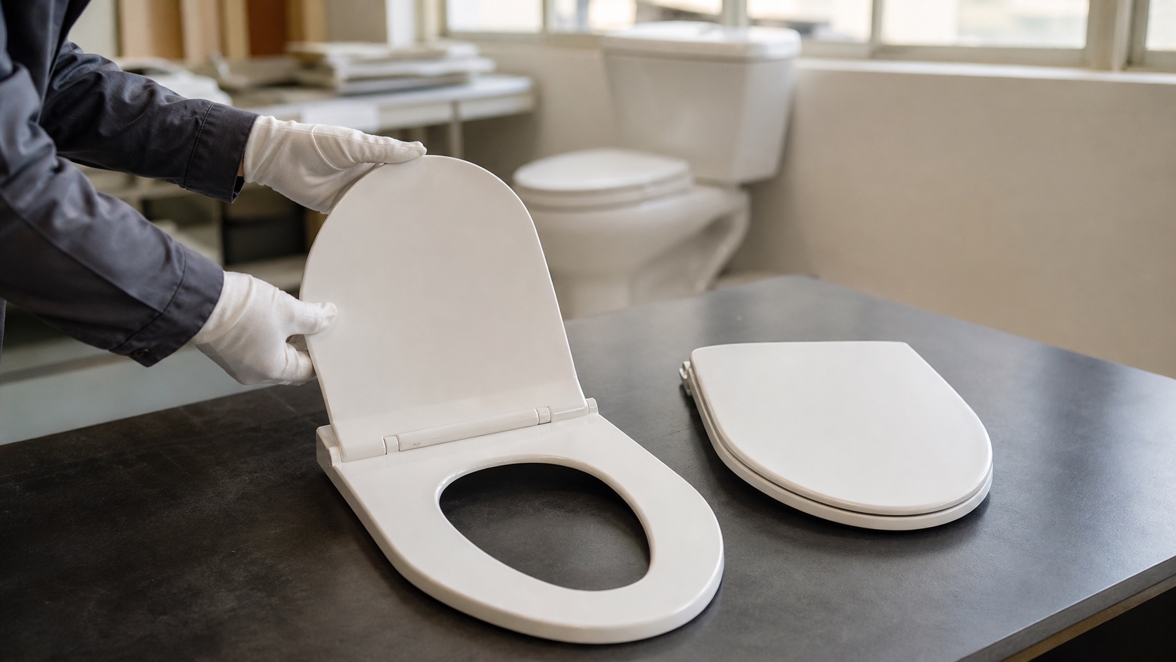 Sanitary ware buyer inspecting PP and UF toilet seat samples in a factory sample room