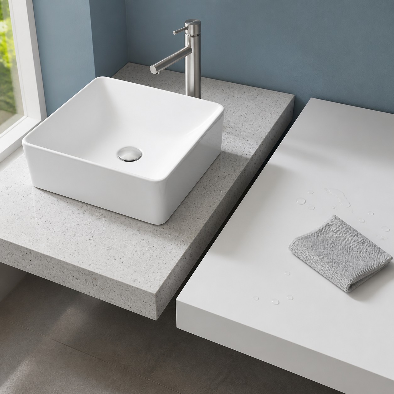 Quartz and solid-surface vanity samples checked in the wet zone around a vessel sink
