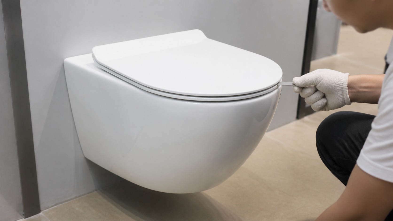 Inspector checking even toilet seat bumper contact on a wall-hung ceramic toilet
