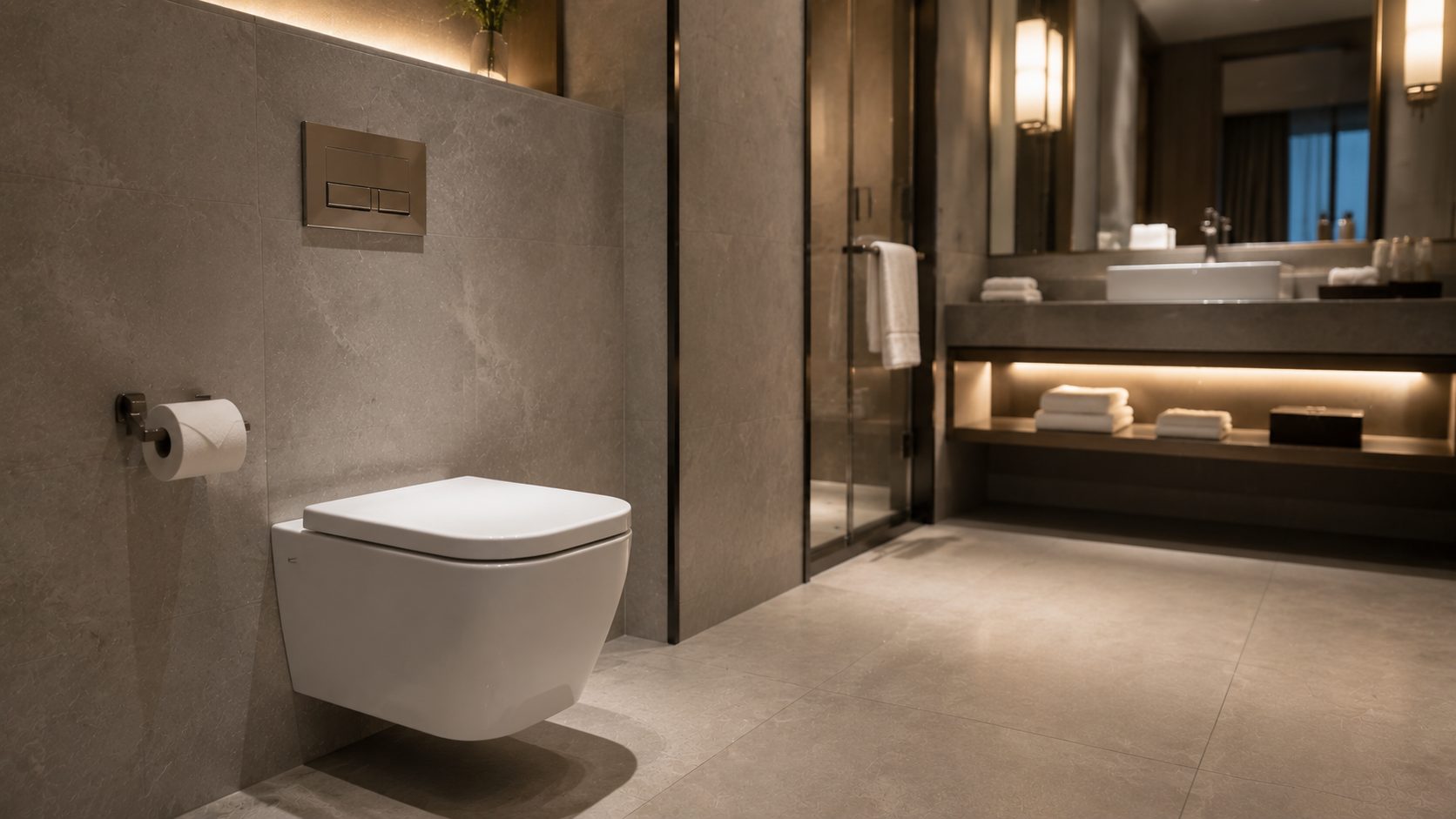 White rimless ceramic toilets installed in real hotel and apartment bathrooms, including a wall-hung pan with a concealed cistern